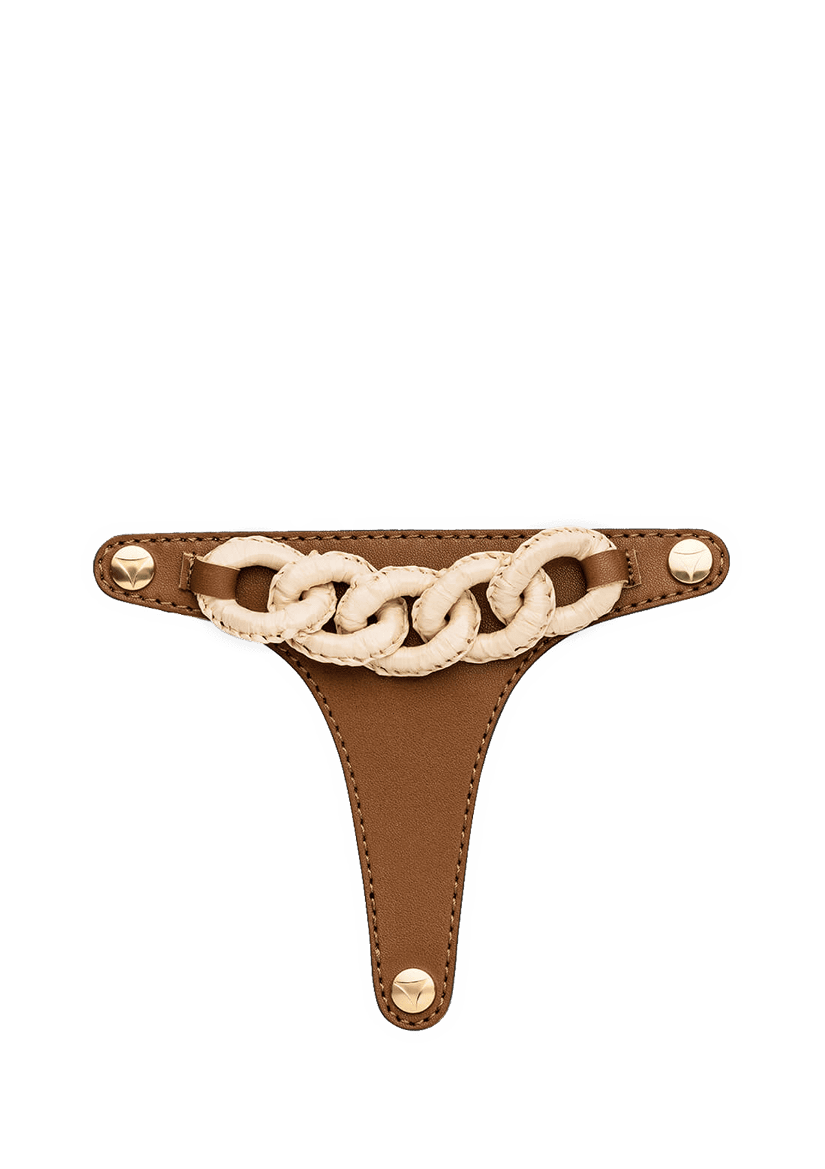 Frontalansicht auf neutralem Hintergrund des Produktes Raffia Chain in der Farbe Cognac